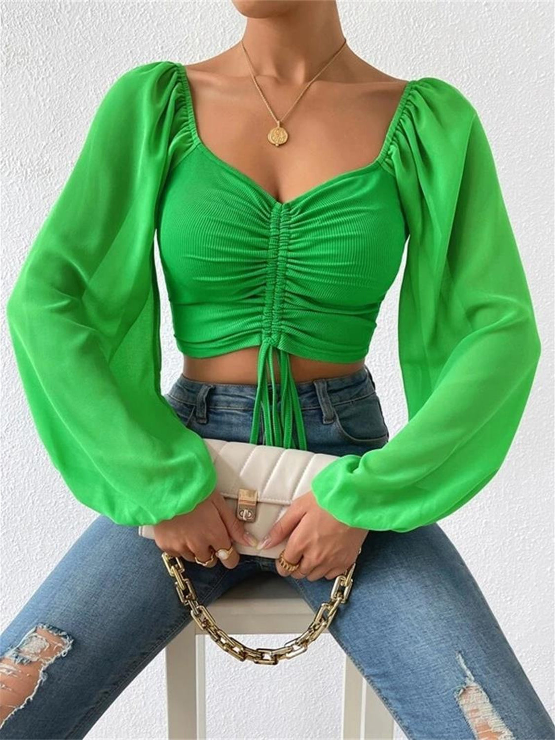 Drawstring Sweetheart Neck Cropped Top - Scarlett's Riverside Boutique
