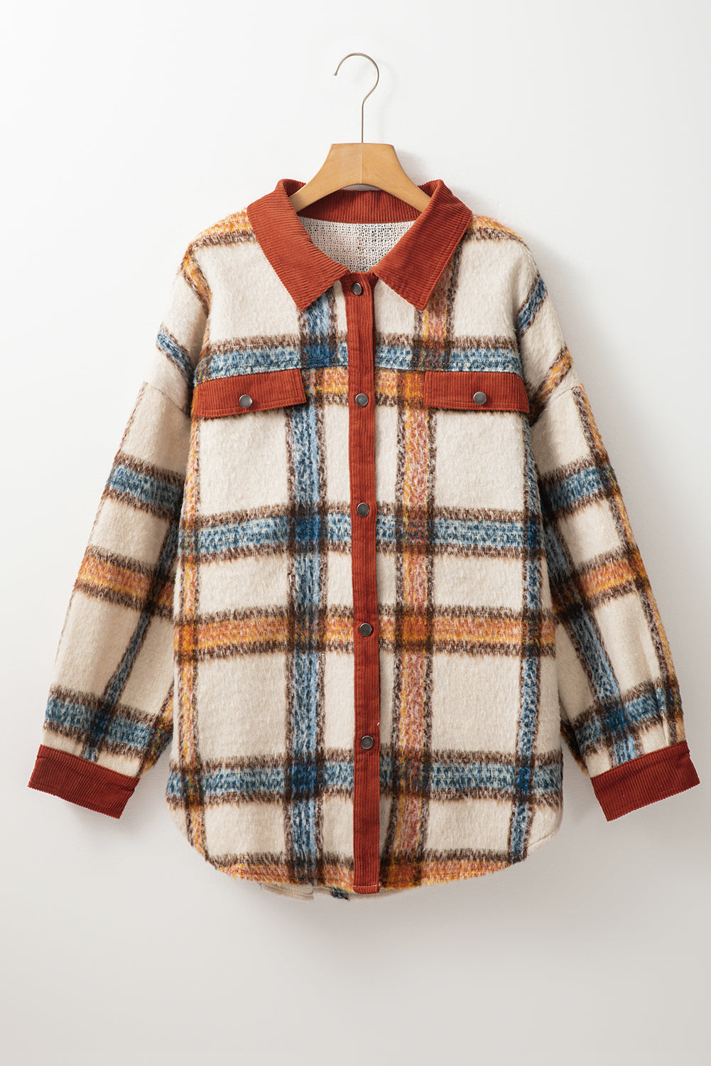 Brown Stripe Plus Size Plaid Print Collared Buttoned Jacket - Scarlett's Riverside Boutique
