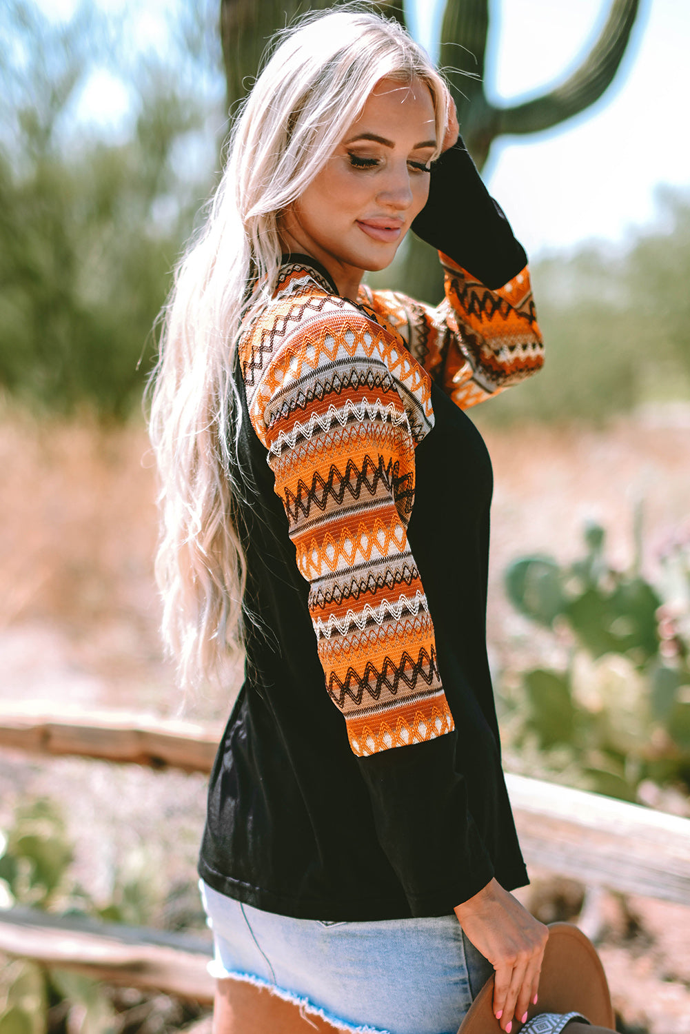 Orange Geo Print Raglan Patchwork Long Sleeve Tee - Scarlett's Riverside Boutique