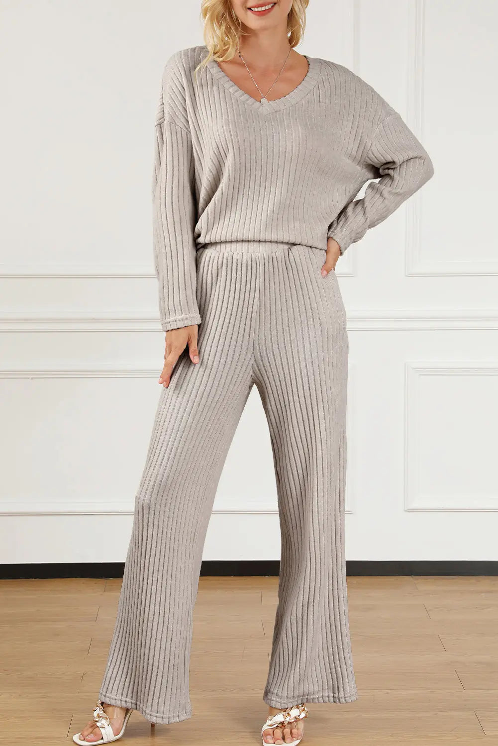 Khaki Ribbed Knit V Neck Slouchy Two-piece Outfit - Scarlett's Riverside Boutique