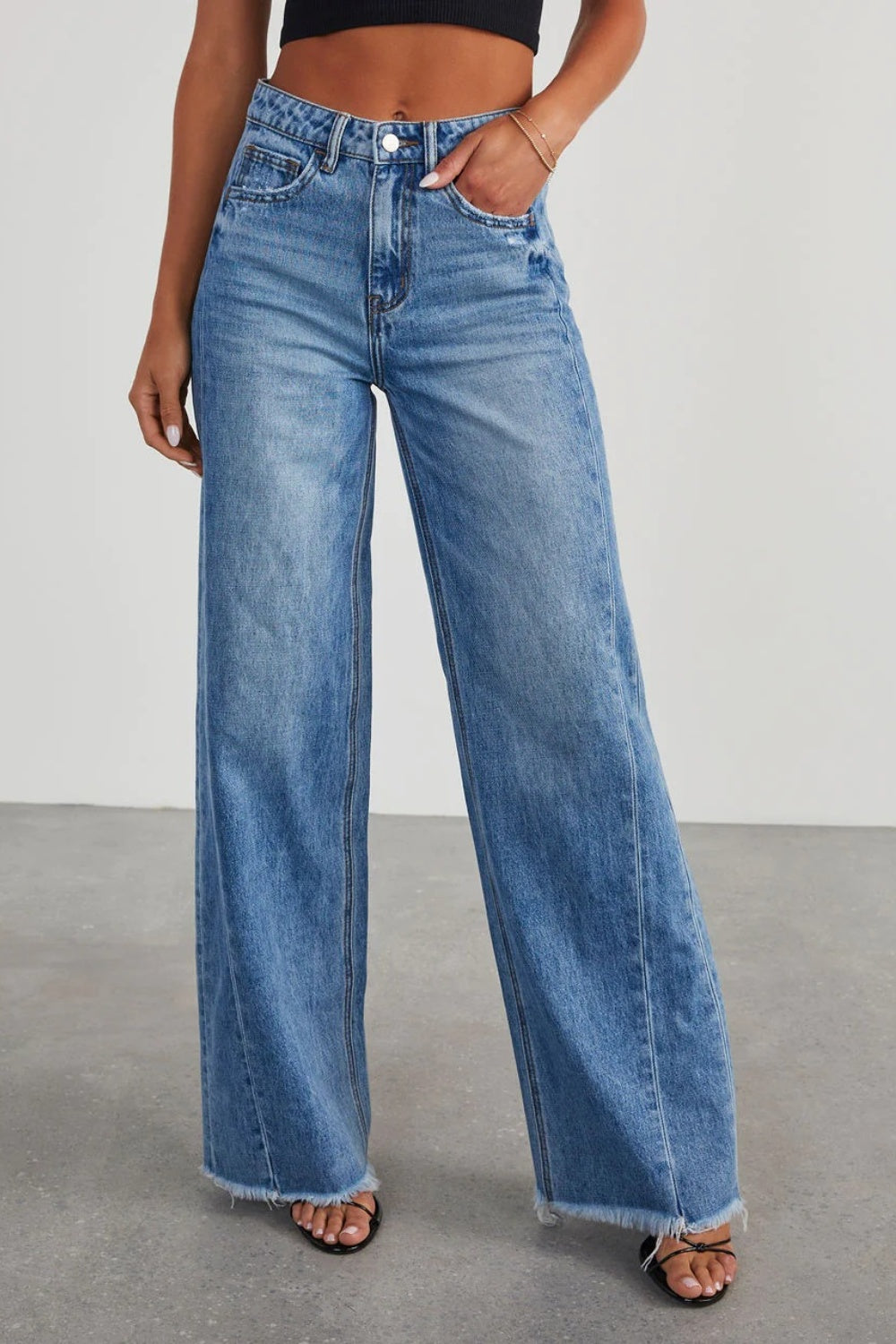 Raw Hem Wide Leg Jeans with Pockets - Scarlett's Riverside Boutique