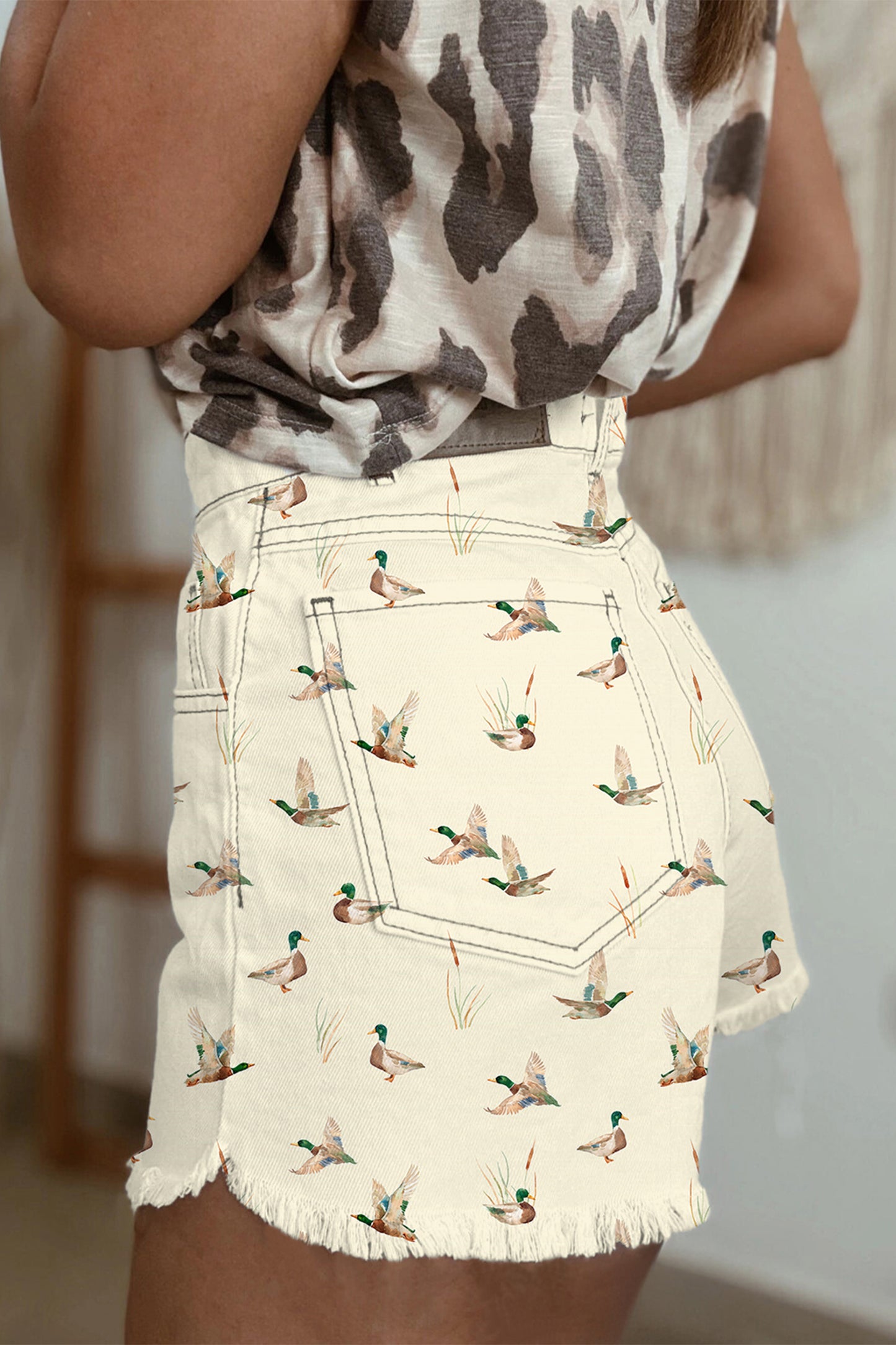 Duck Mallard High Waist Frayed Denim Shorts