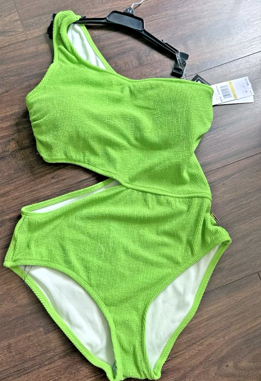 MICHAEL Kors Women's Ribbed One-Shoulder Side-Cutout Swimsuit Green. Size 8