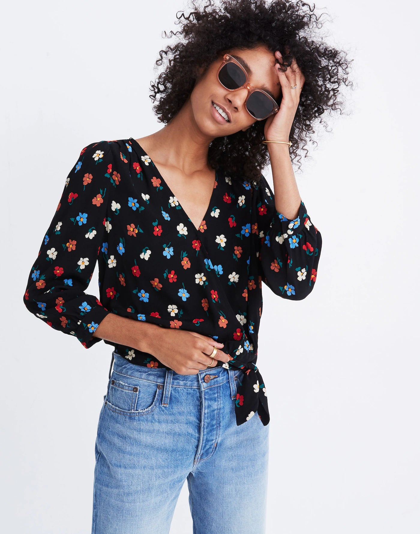 Madewell Womens Top Black Floral Pressed Flowers Wrap Top Size XS. RS 81