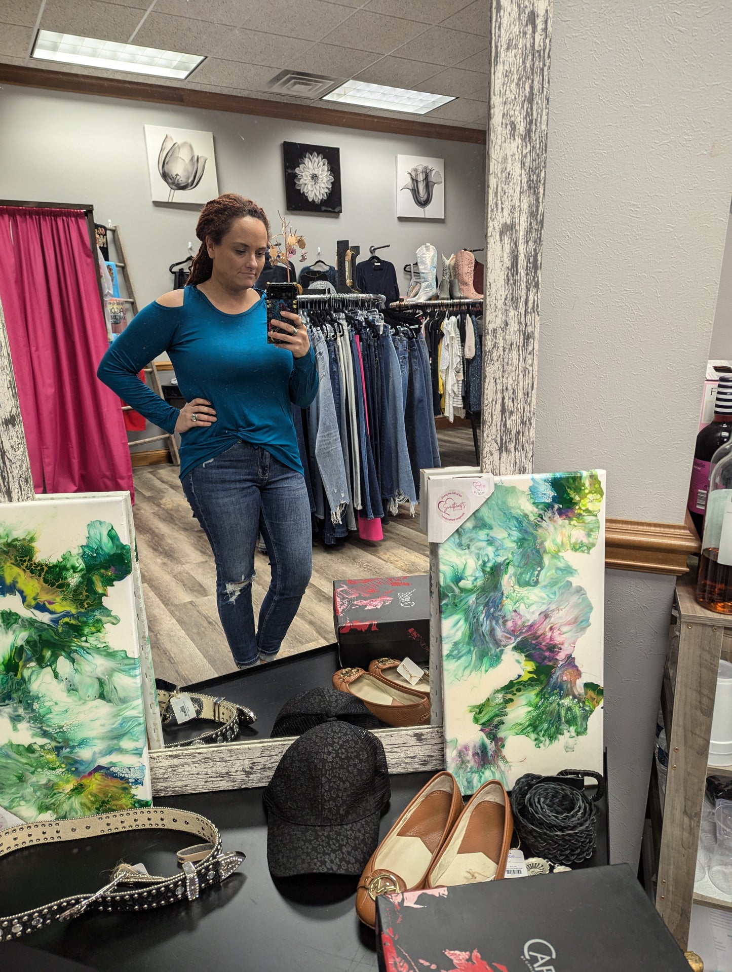 Teal or Grey cold shoulder long sleeve top - Scarlett's Riverside Boutique