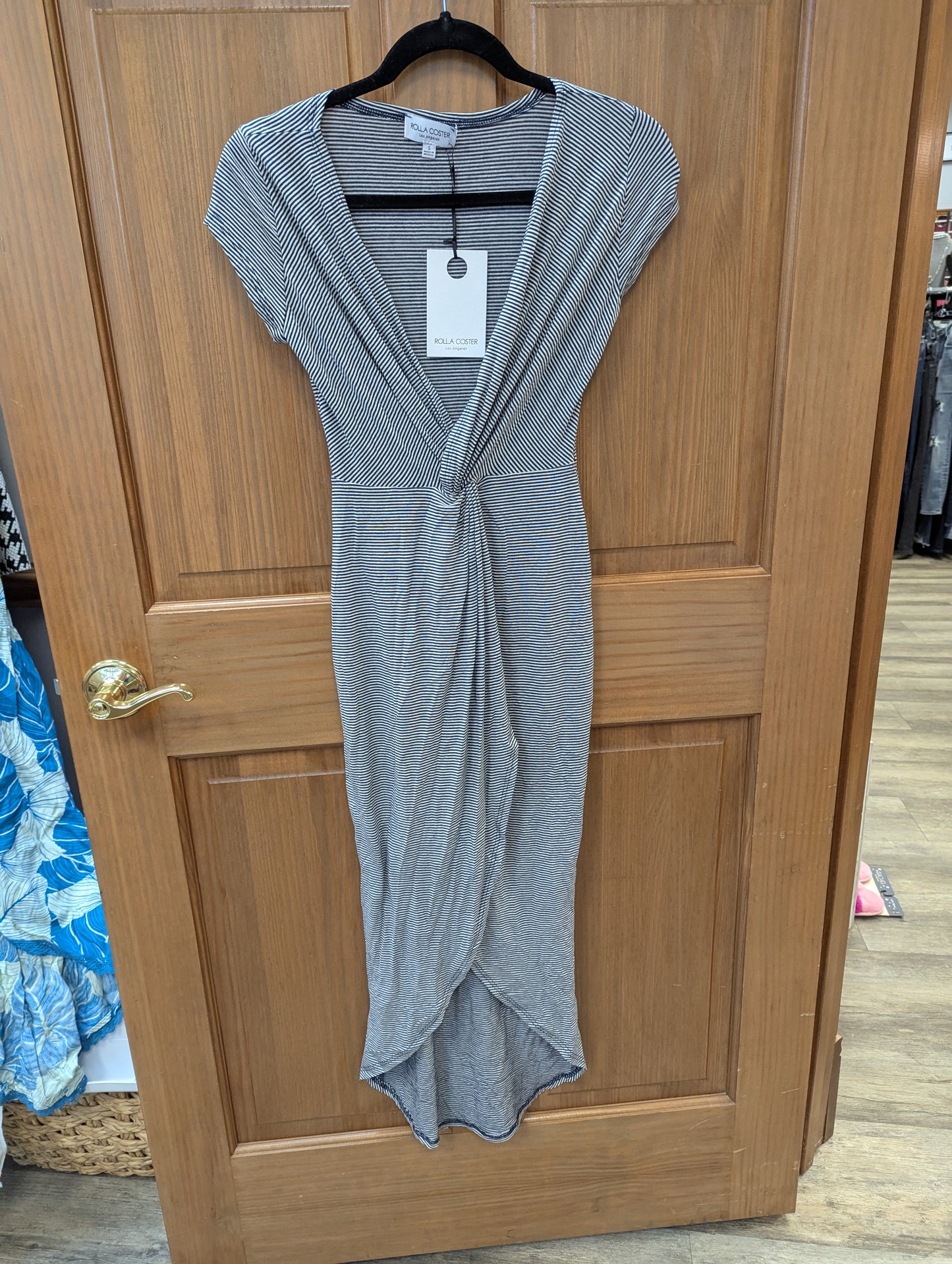 Rolla Coaster Dress, Striped Wrap Knot Design VNeck Mob Wife Retro. Size S