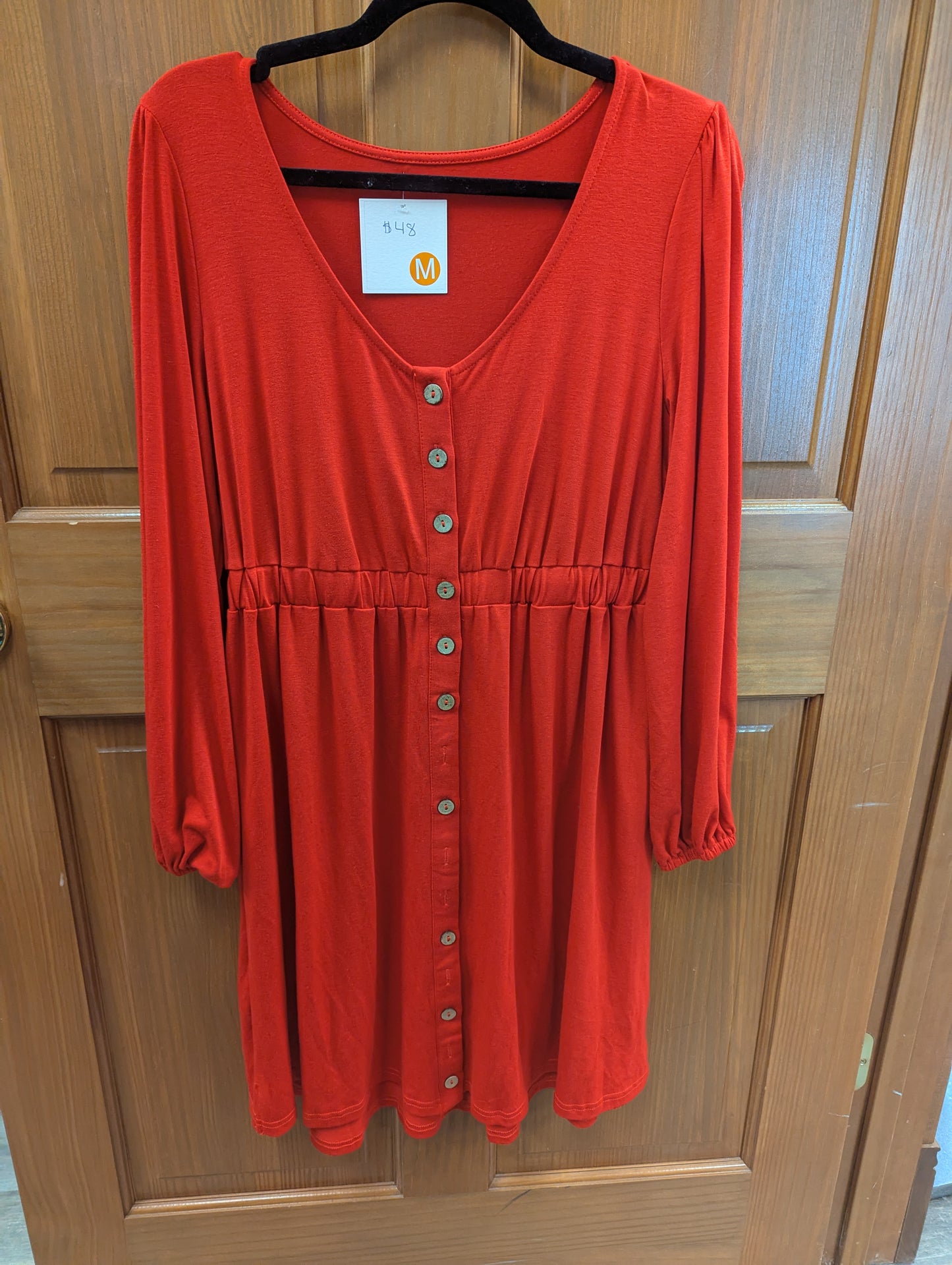 Red long sleeve button detail dress. Size M