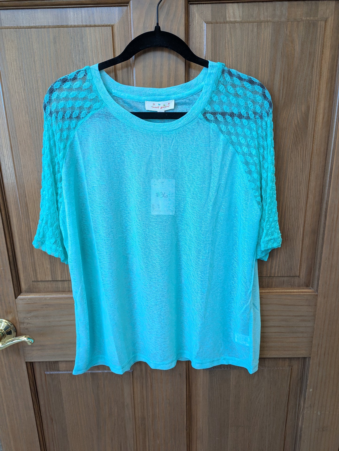 NWT Sweet Generis blue teal sheer short sleeve top blouse. Size L