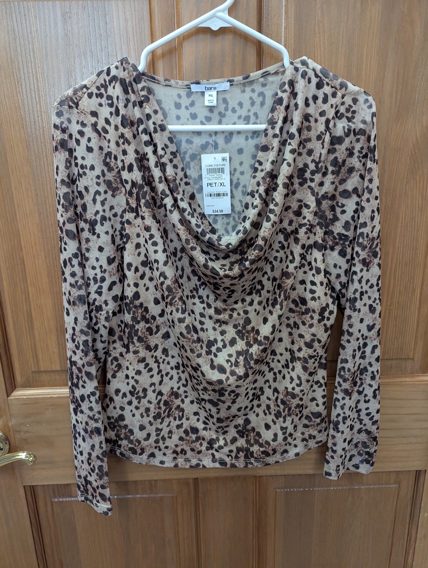 Bar III
Petite XL, Cowl Neck Printed Mesh Top. #97