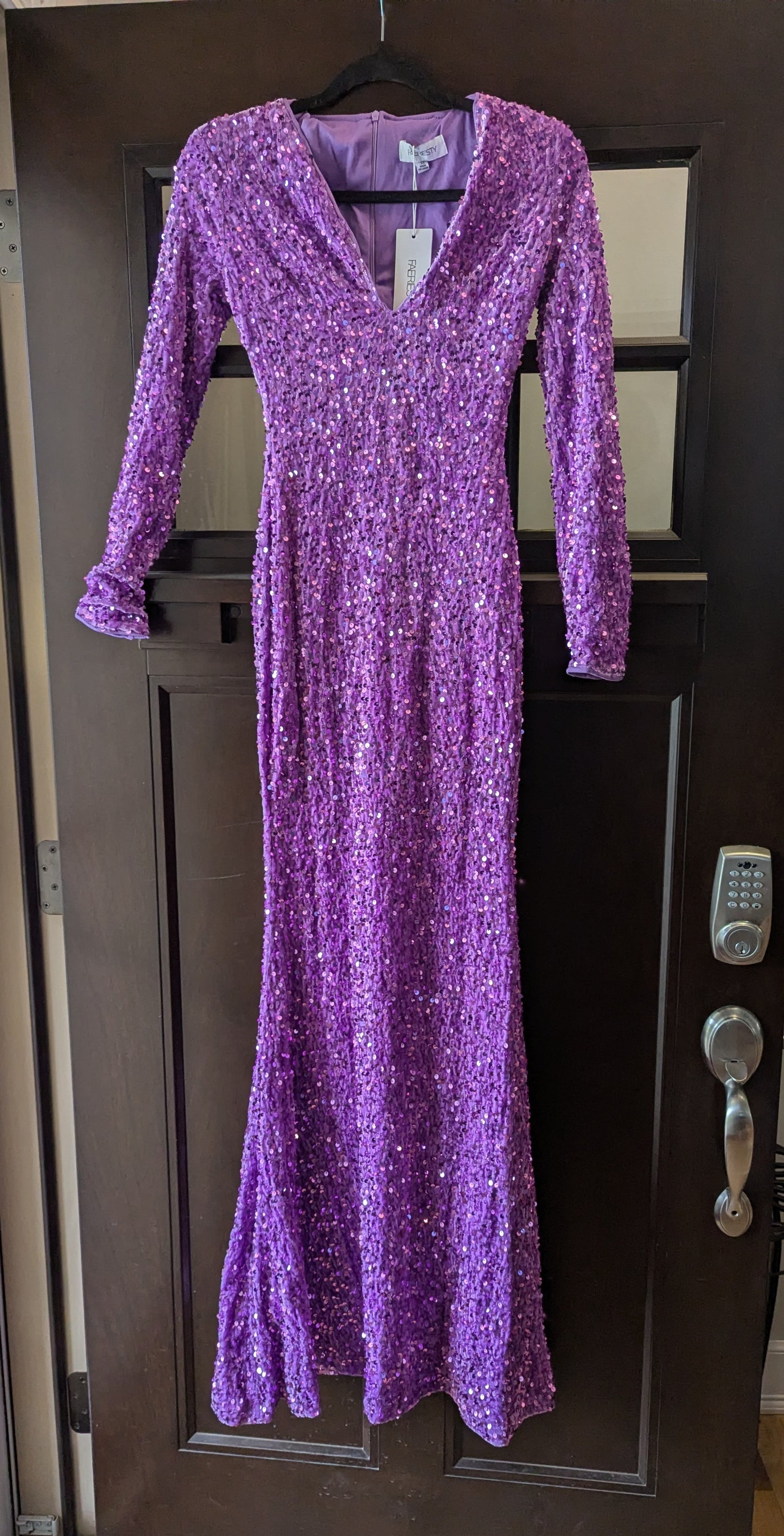 Purple sequin prom dress, maxi with long ruched sleeves. Sz XS