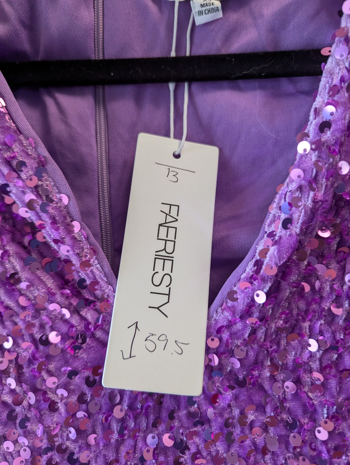 Purple sequin prom dress, maxi with long ruched sleeves. Sz XS