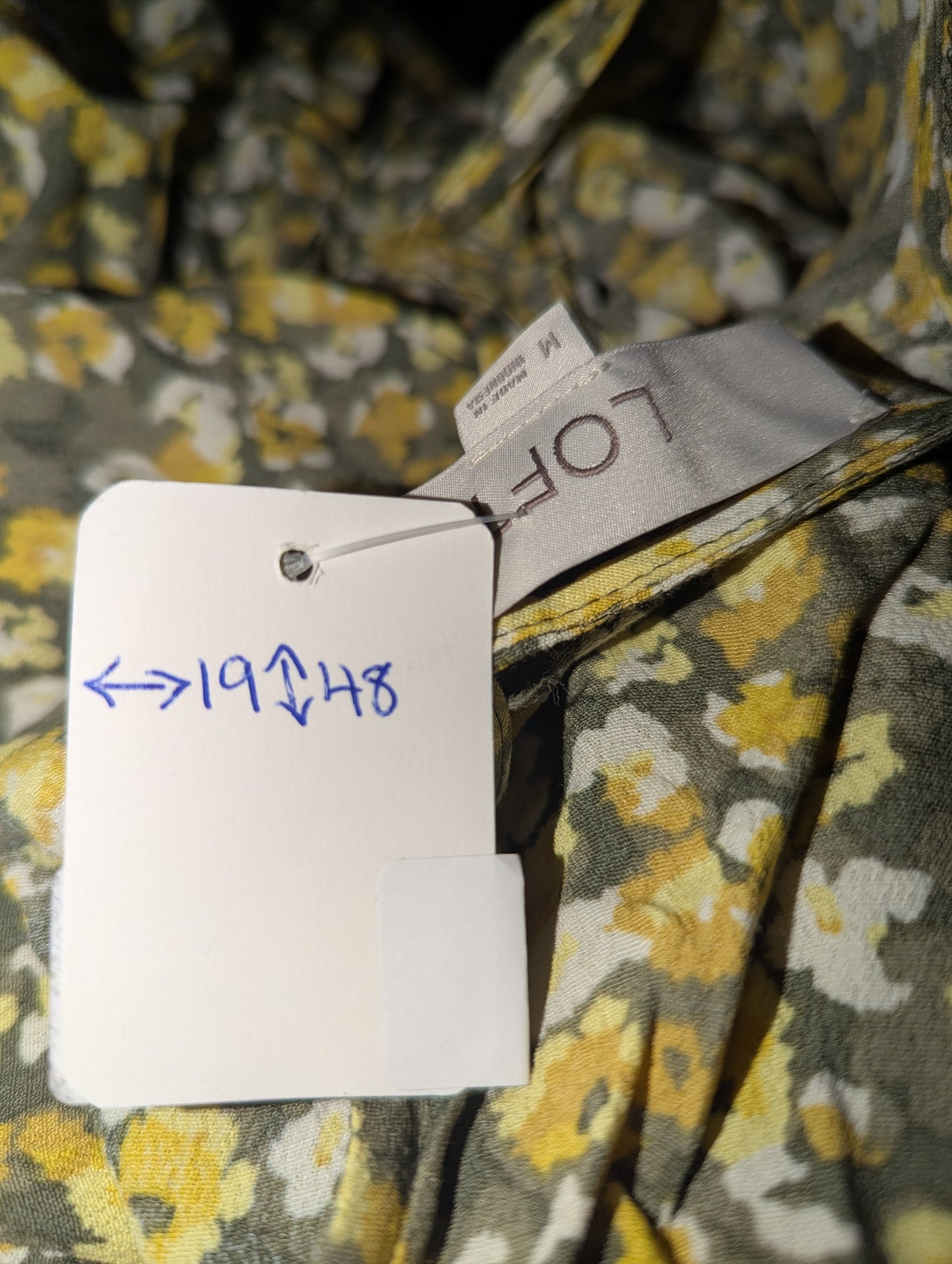 LOFT Floral Midi Dress Size M Green Yellow Long Sleeve Smocked Waist V Neck