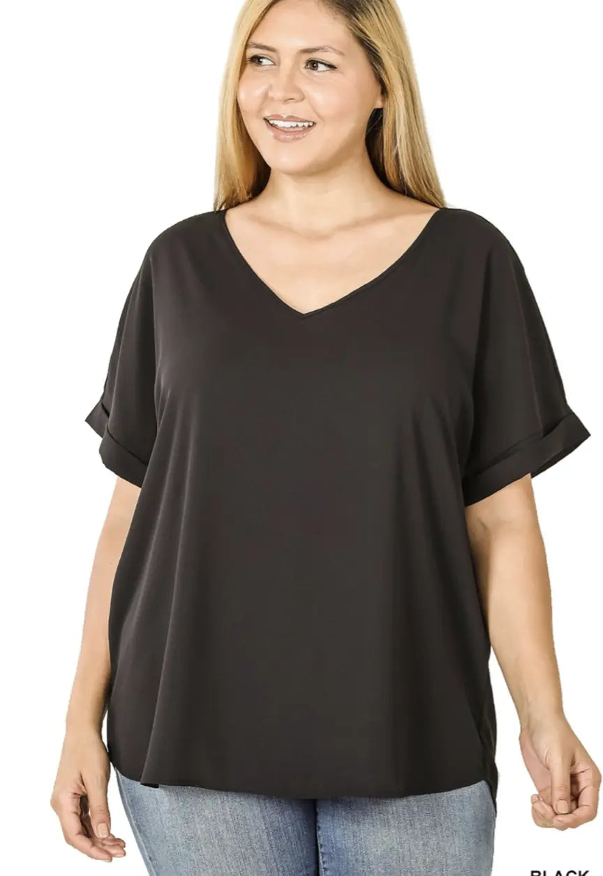 Rolled sleeve V Neck - Scarlett's Riverside Boutique