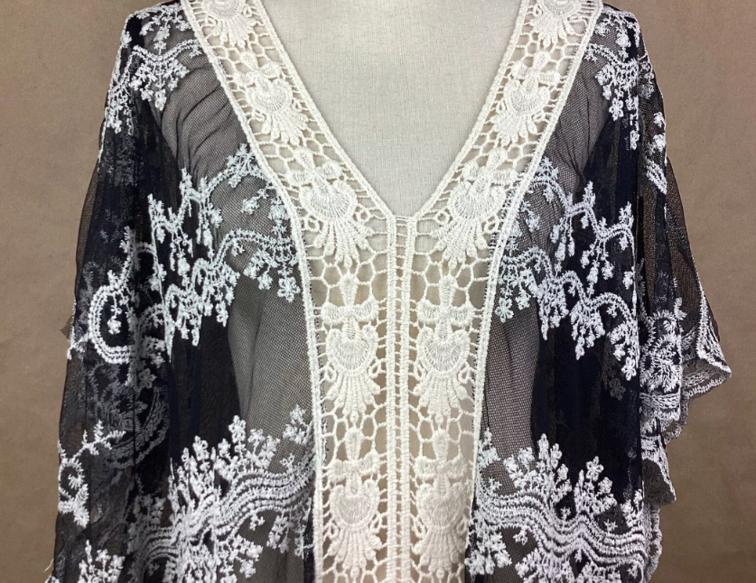 Lace, embroidered, crochet kimono. OS