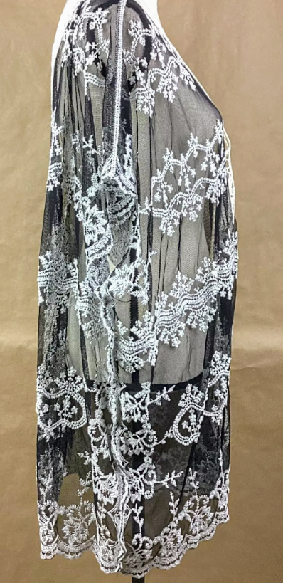 Lace, embroidered, crochet kimono. OS