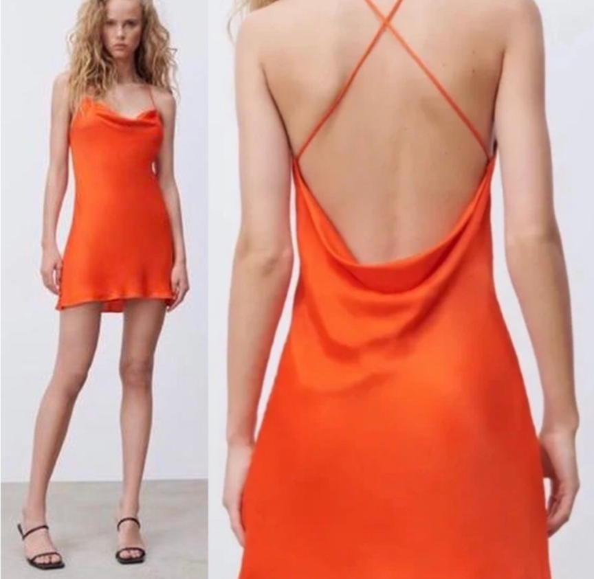 Zara, orange satin mini slip dress. Size S