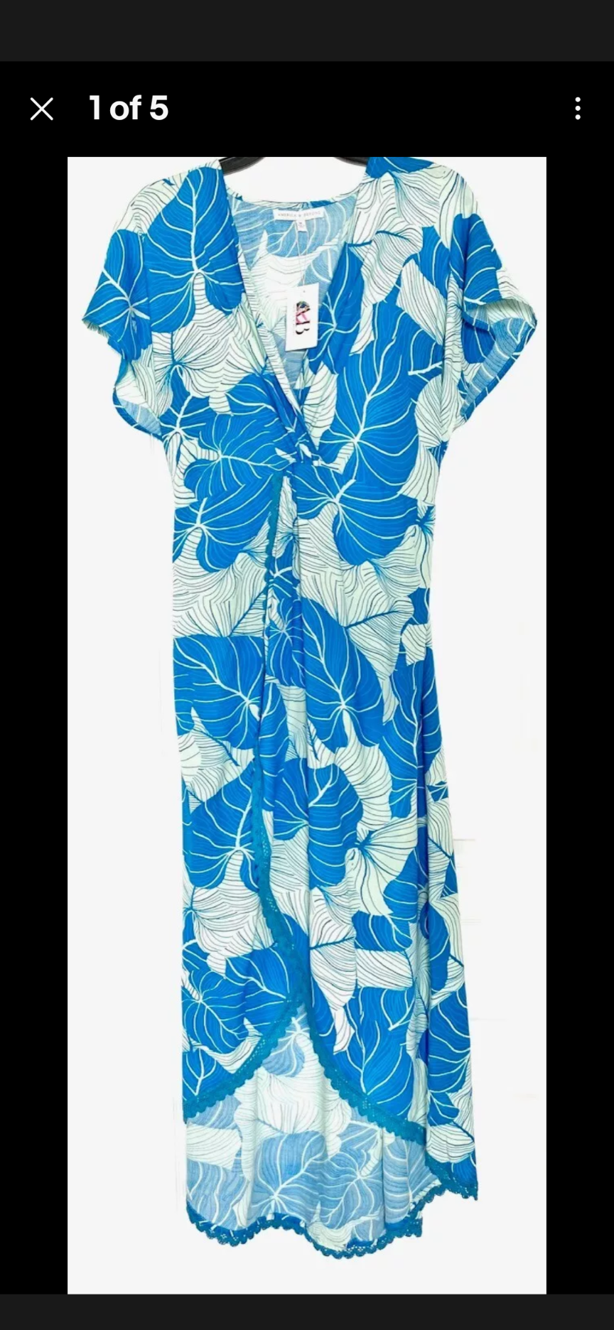 AMERICA & BEYOND Blue Leaf Print Crochet Faux Wrap Blouson Midi Maxi Dress size XL
