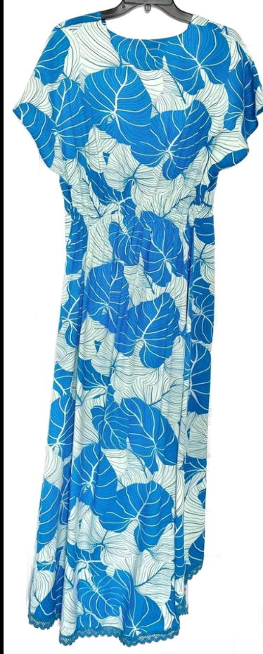 AMERICA & BEYOND Blue Leaf Print Crochet Faux Wrap Blouson Midi Maxi Dress size XL