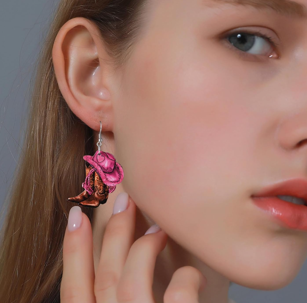 Pink Hat & Cowgirl Boot Earrings for Women Double-sided Wood Dangle Western Earrings
