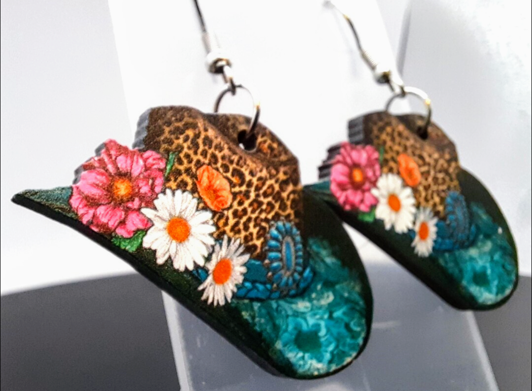 Vintage wood, western boho cowgirl hat earrings