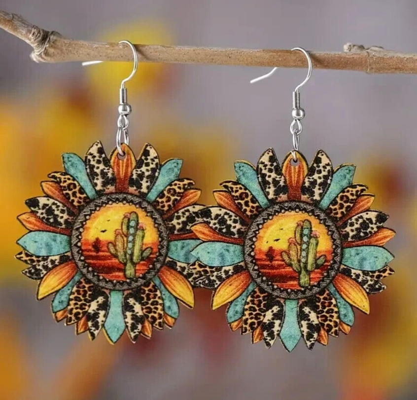 Boho sunflower wood earrings