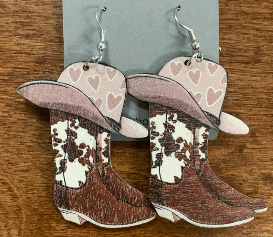 Pink Western Boots Cow Print Dangle Earrings