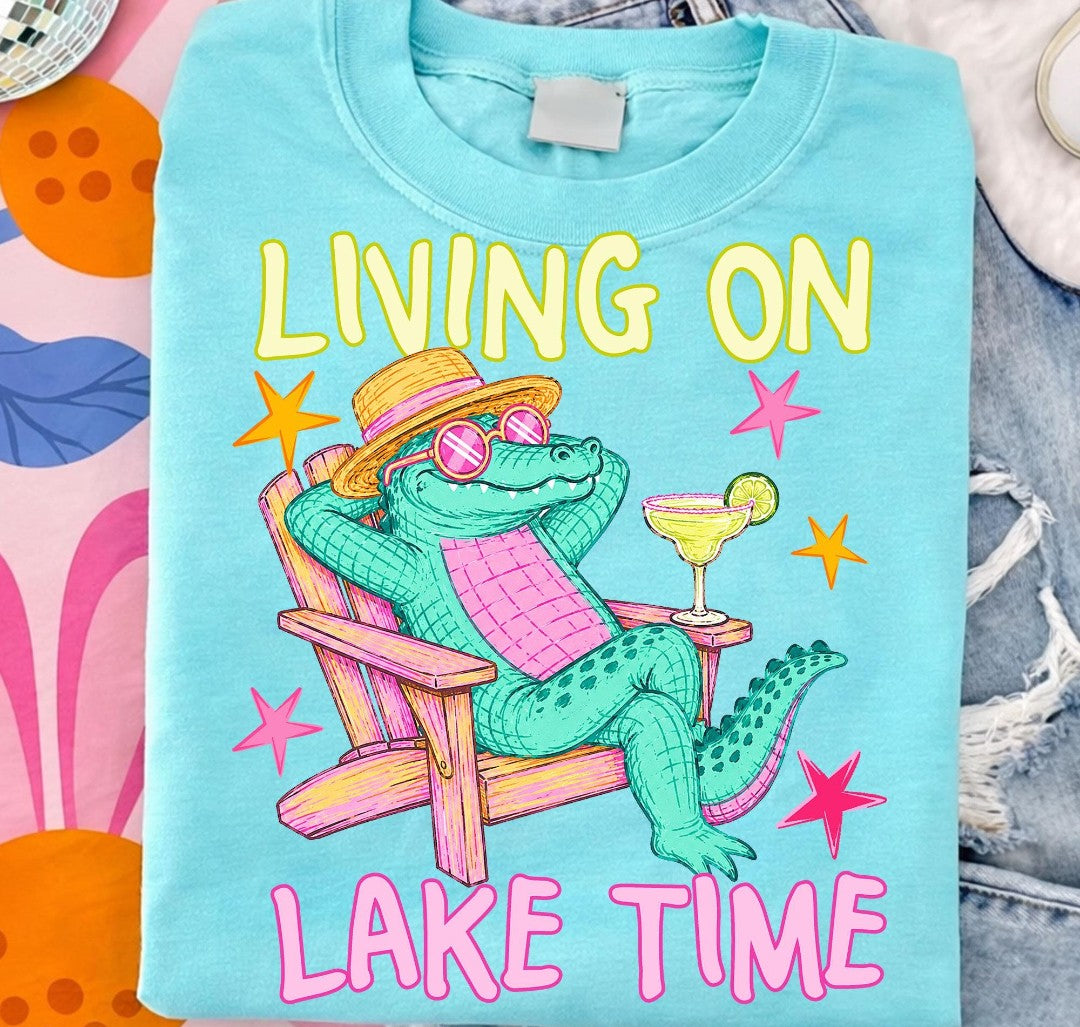 Living On Lake Time Alligator Crewneck Sweatshirt Aqua Blue Lake Vacation Graphic Pullover