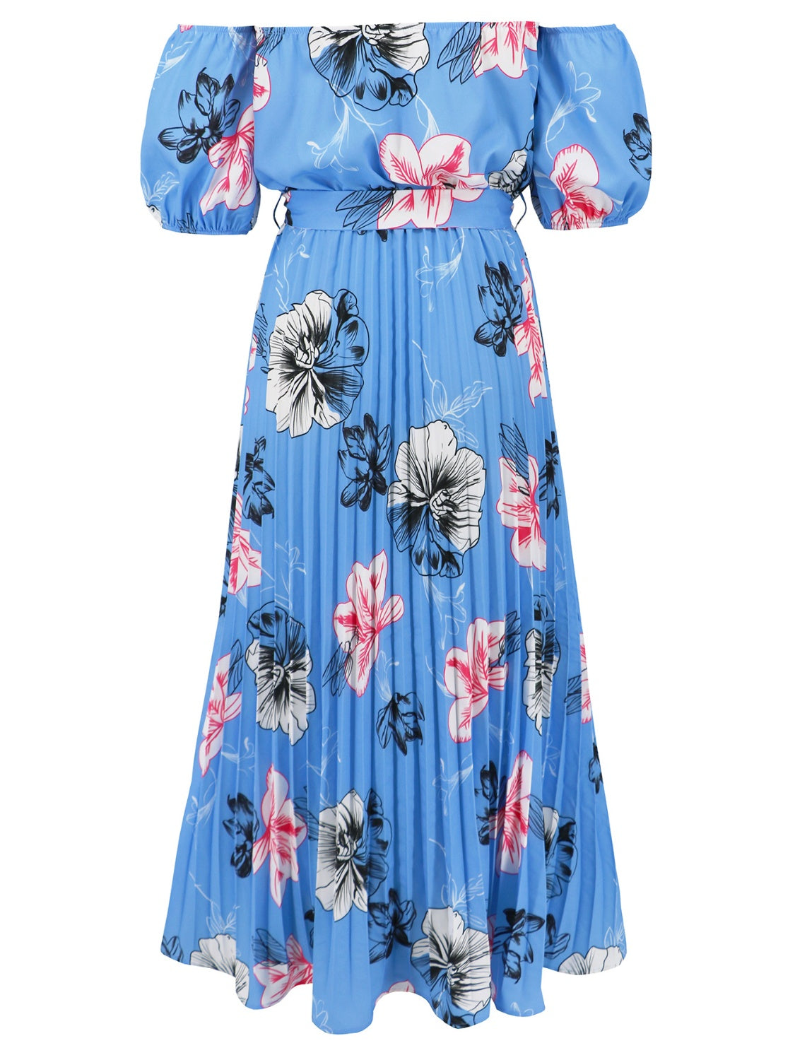 Pleated Floral Off-Shoulder Short Sleeve Midi Dress - Scarlett's Riverside Boutique