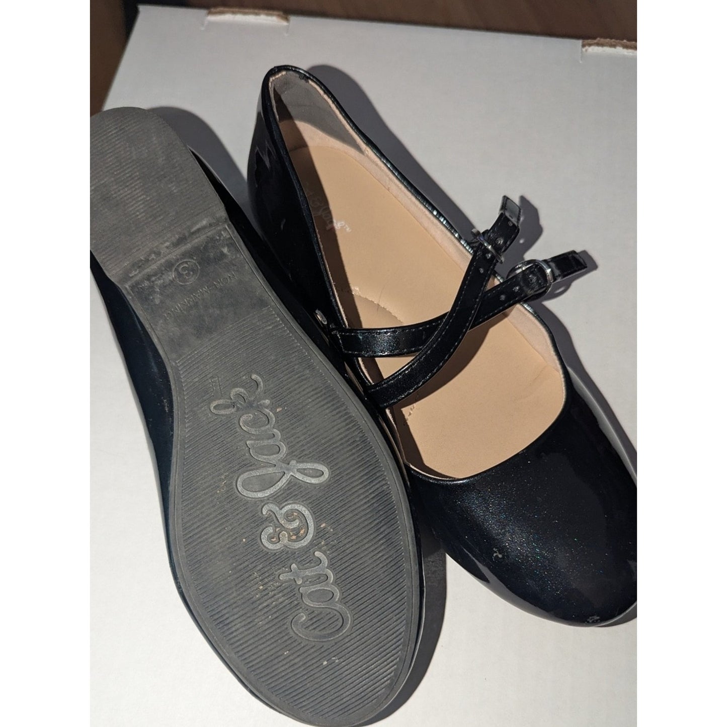 Cat & Jack Black Patent Double Strap Mary Jane Flats Girls Size 3 Dress Shoes