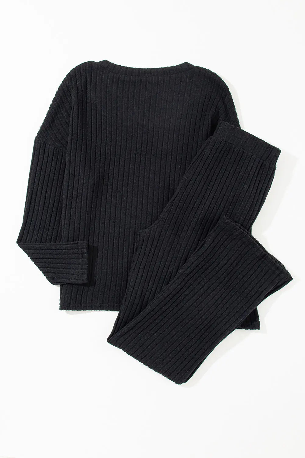 Black Ribbed Knit V Neck Slouchy Two-piece Outfit - Scarlett's Riverside Boutique