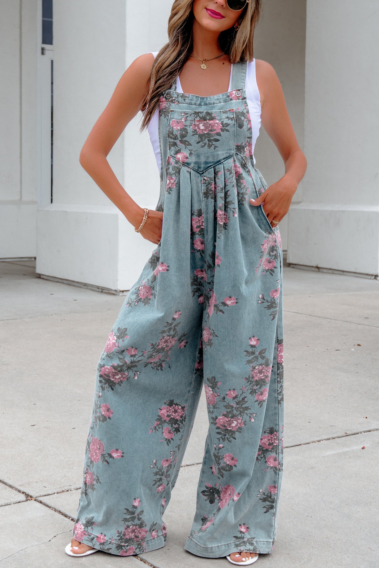 Beau Blue Floral Denim Jumpsuit Wide Leg Pleated Sleeveless Boho Overalls