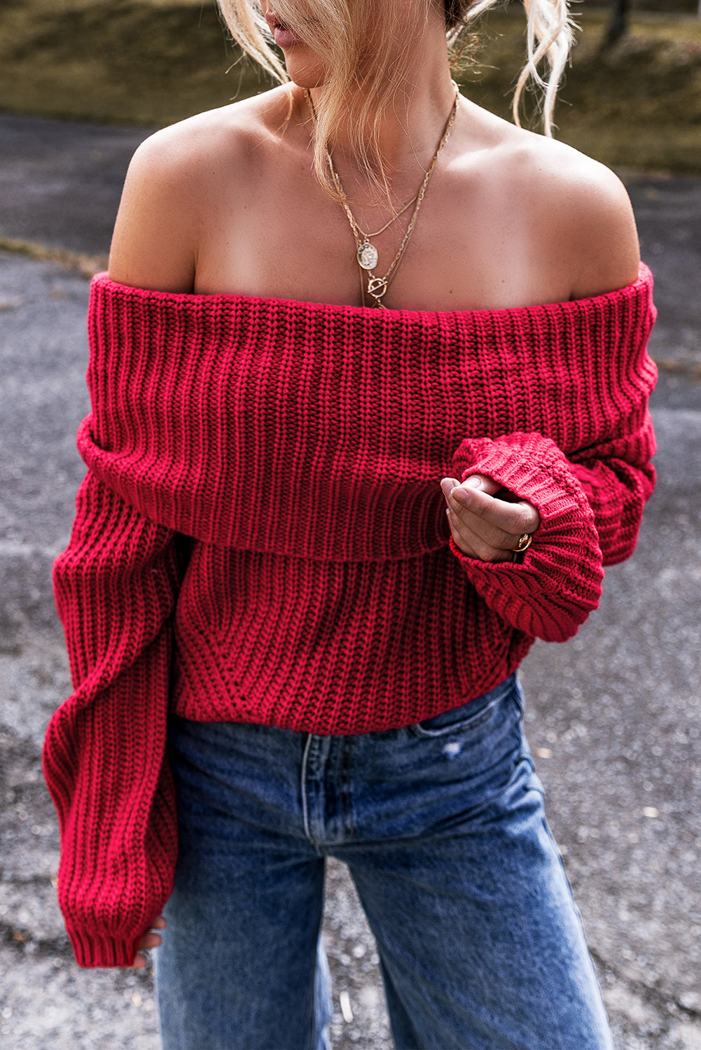 Racing Red Off-the-shoulder Knit Sweater - Scarlett's Riverside Boutique