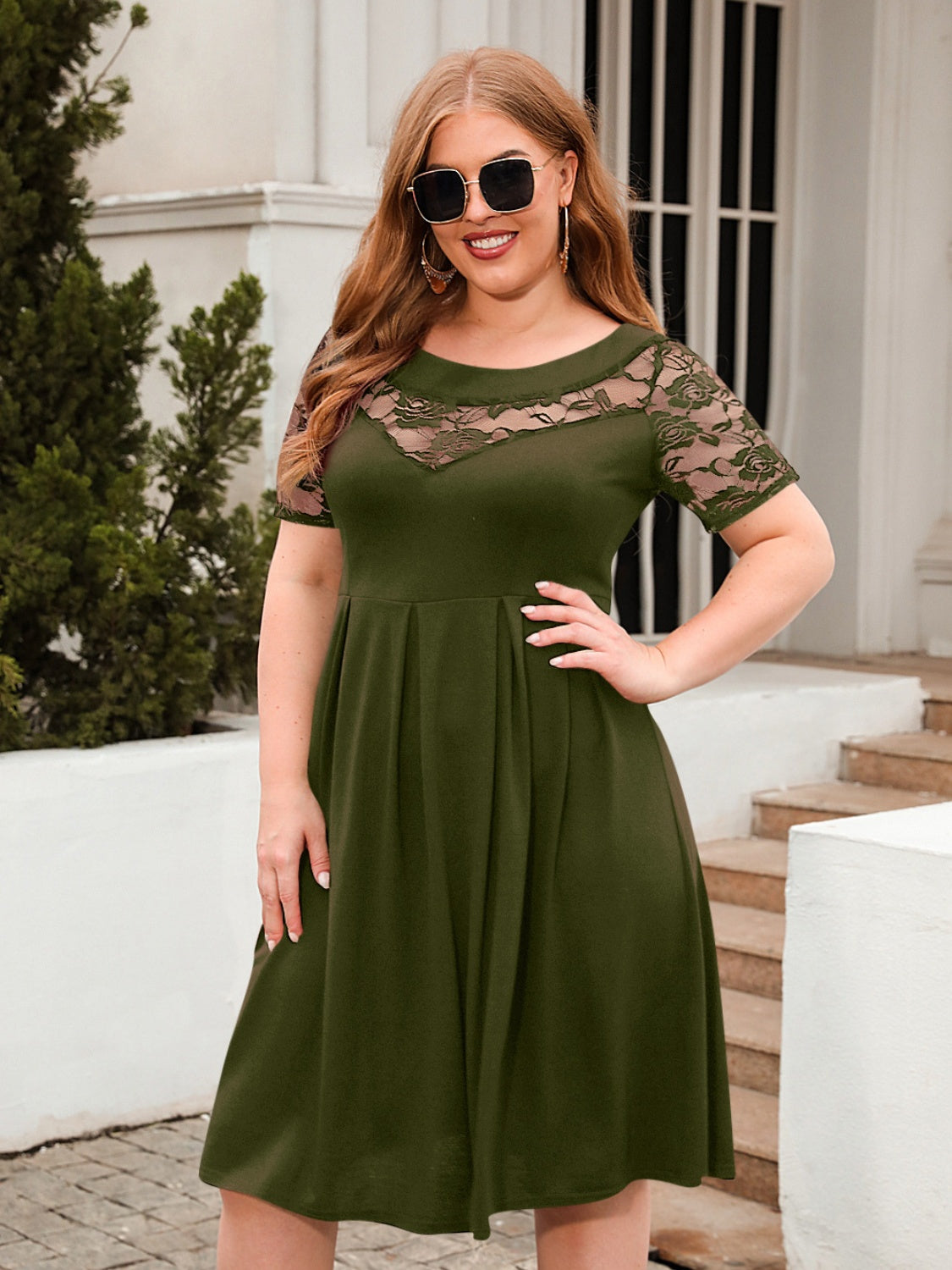 Plus Size Ruched Round Neck Short Sleeve Dress - Scarlett's Riverside Boutique
