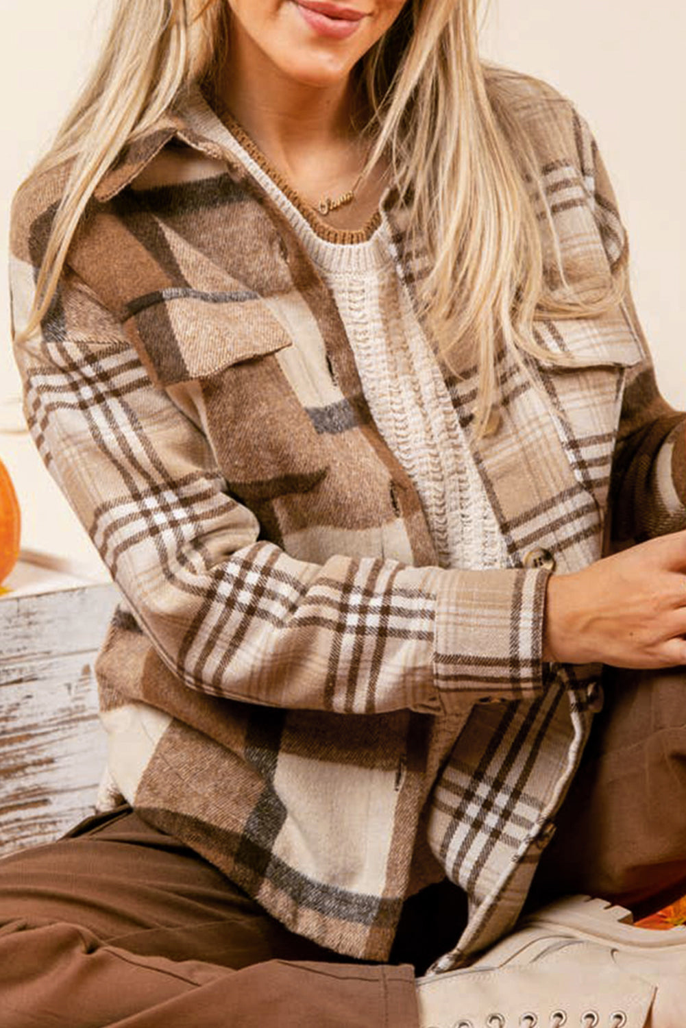 Light French Beige Flannel Plaid Double Flap Pocket Shacket - Scarlett's Riverside Boutique
