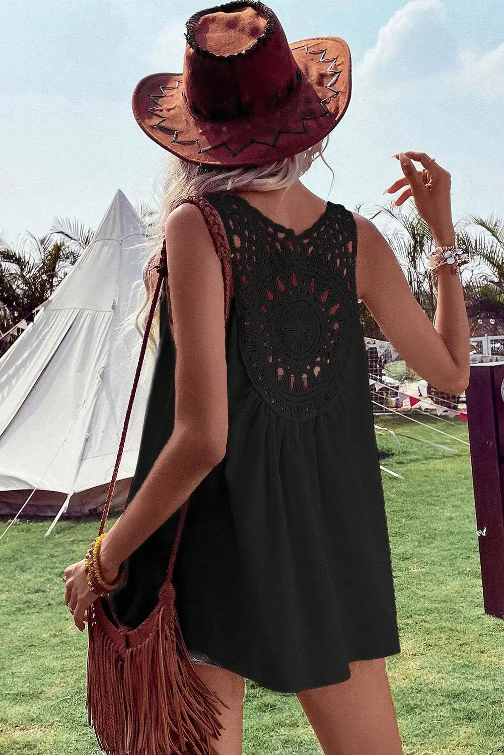 Black Bohemian Crochet Patchwork Sleeveless Tunic - Scarlett's Riverside Boutique