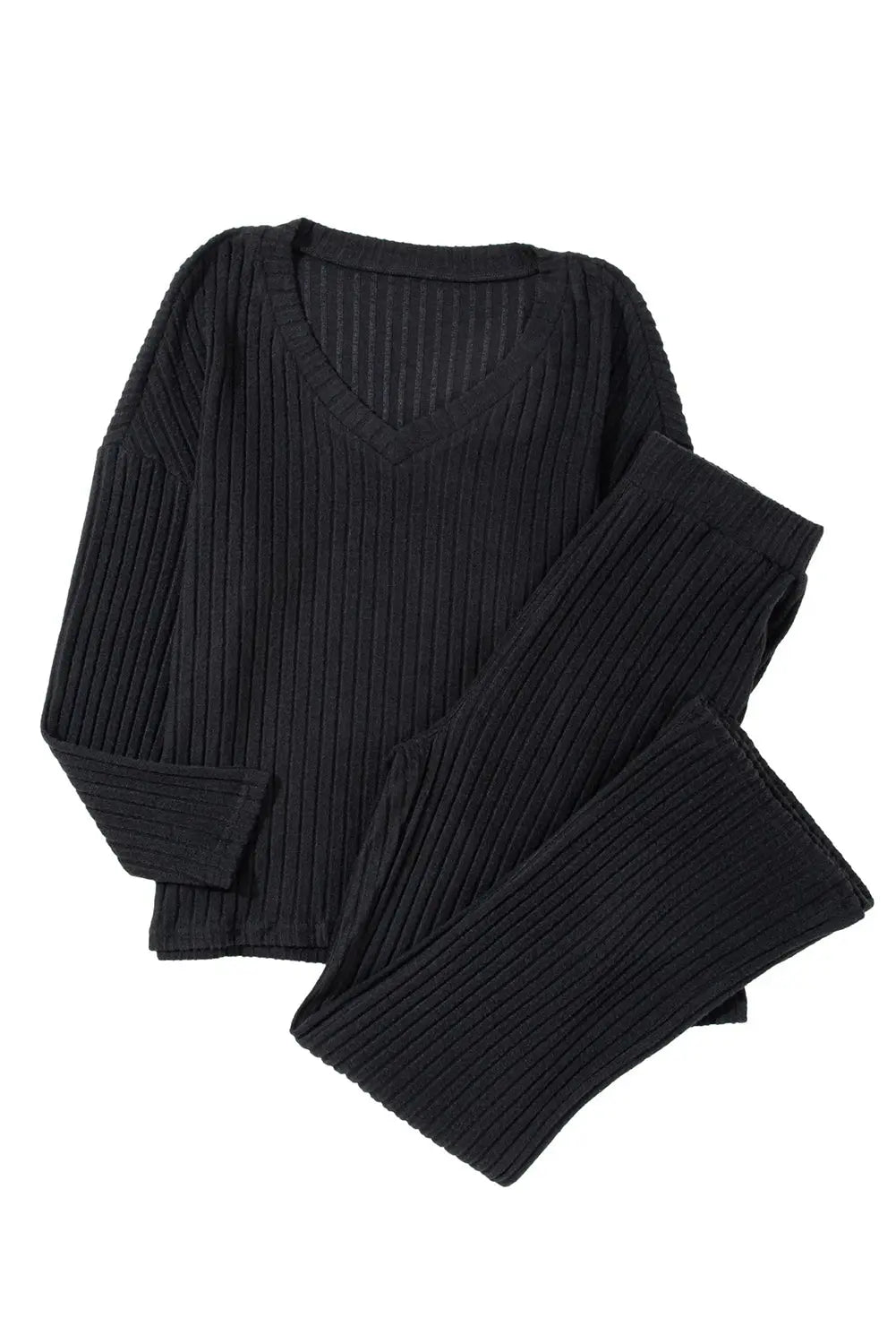 Black Ribbed Knit V Neck Slouchy Two-piece Outfit - Scarlett's Riverside Boutique