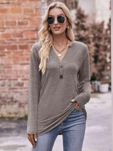 Double Take Buttoned Notched Neck Long Sleeve Top Casual Womenswear Solid Comfort