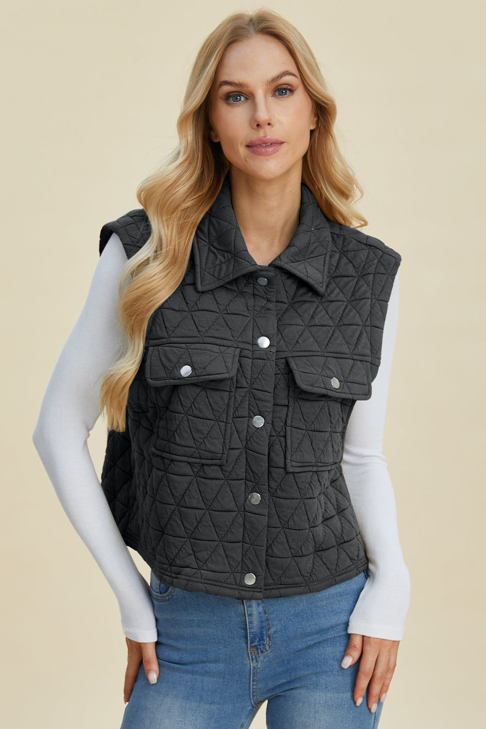 Double Take Full Size Pocketed Texture Snap Down Vest Coat - Scarlett's Riverside Boutique
