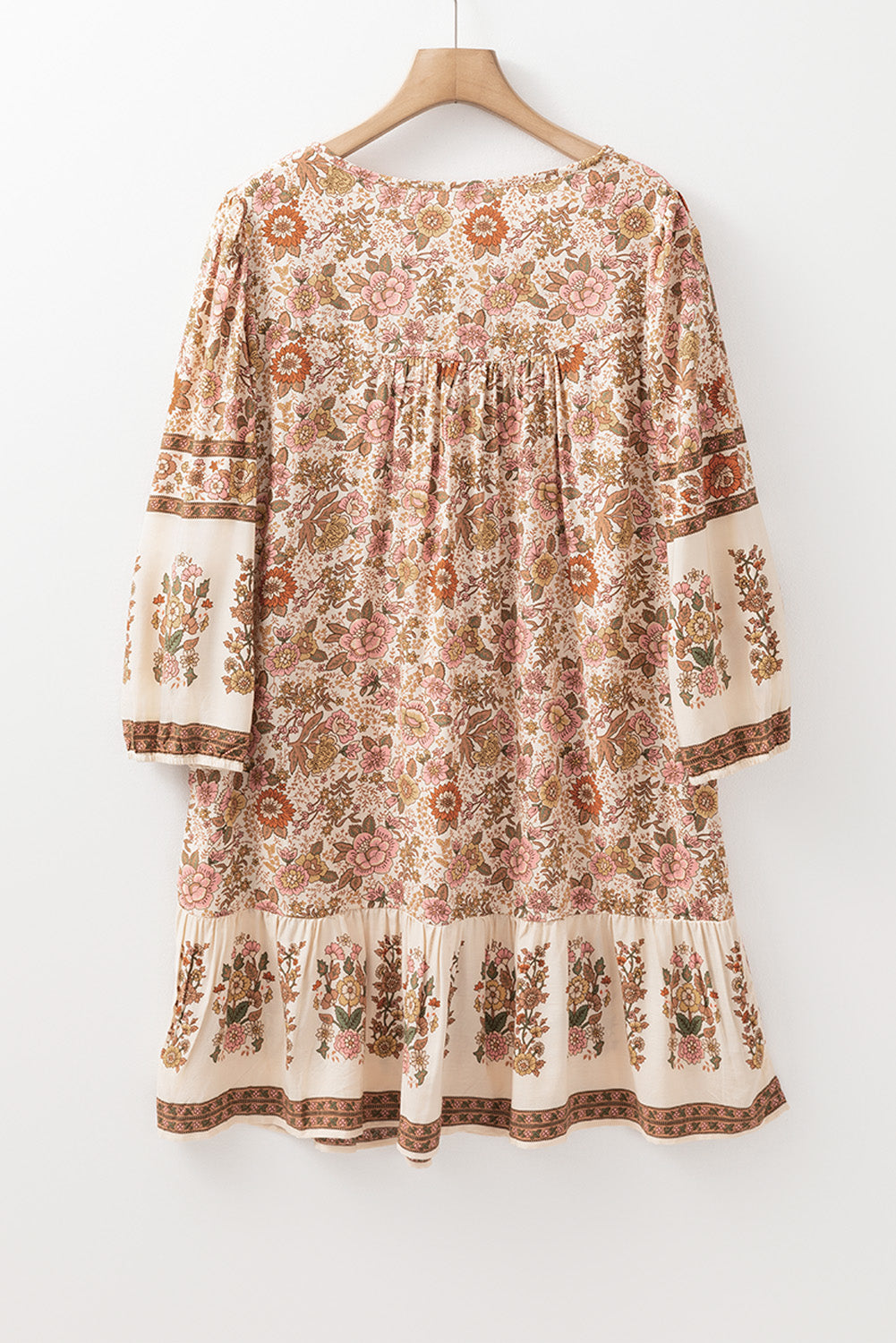 Apricot Floral Print Tassel Drawstring V Neck Loose Mini Dress - Scarlett's Riverside Boutique