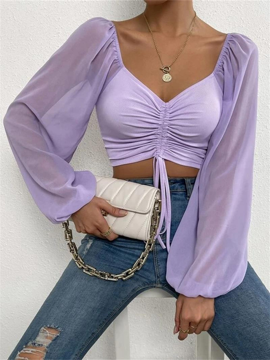 Drawstring Sweetheart Neck Cropped Top - Scarlett's Riverside Boutique