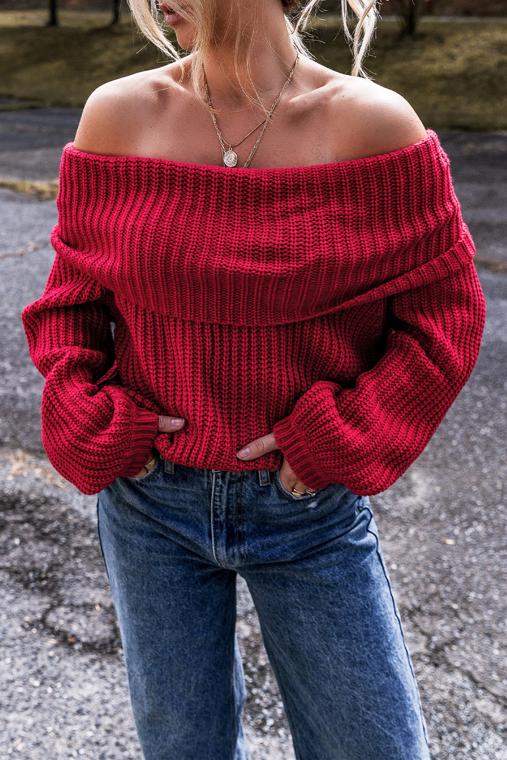 Racing Red Off-the-shoulder Knit Sweater - Scarlett's Riverside Boutique