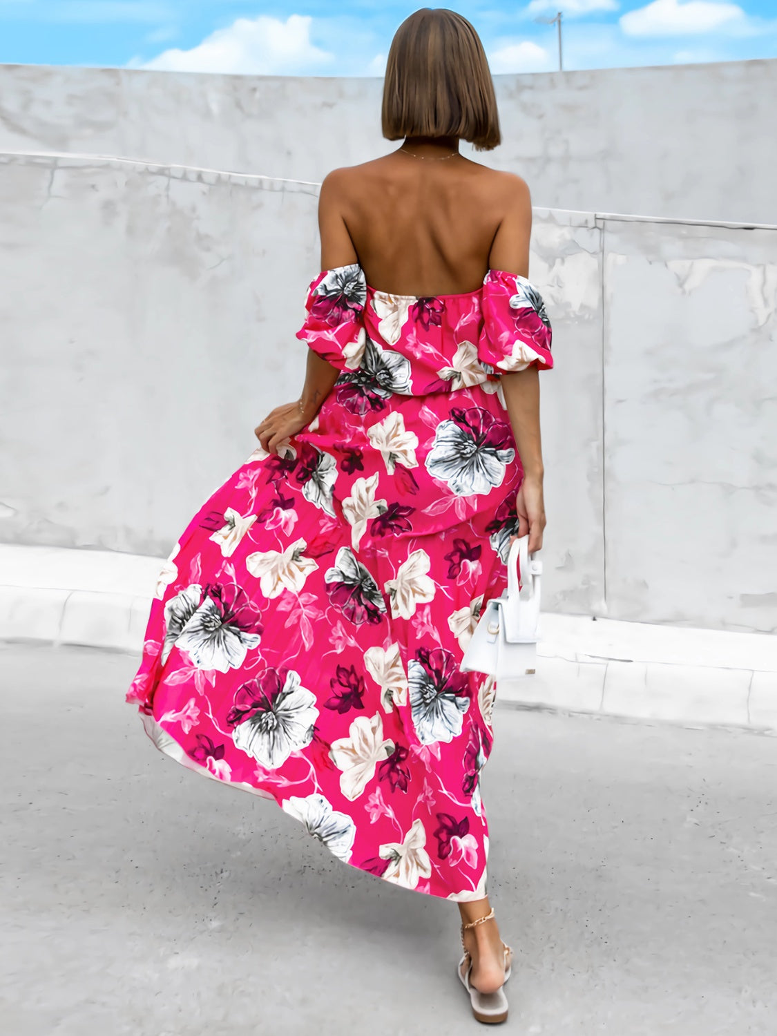 Pleated Floral Off-Shoulder Short Sleeve Midi Dress - Scarlett's Riverside Boutique