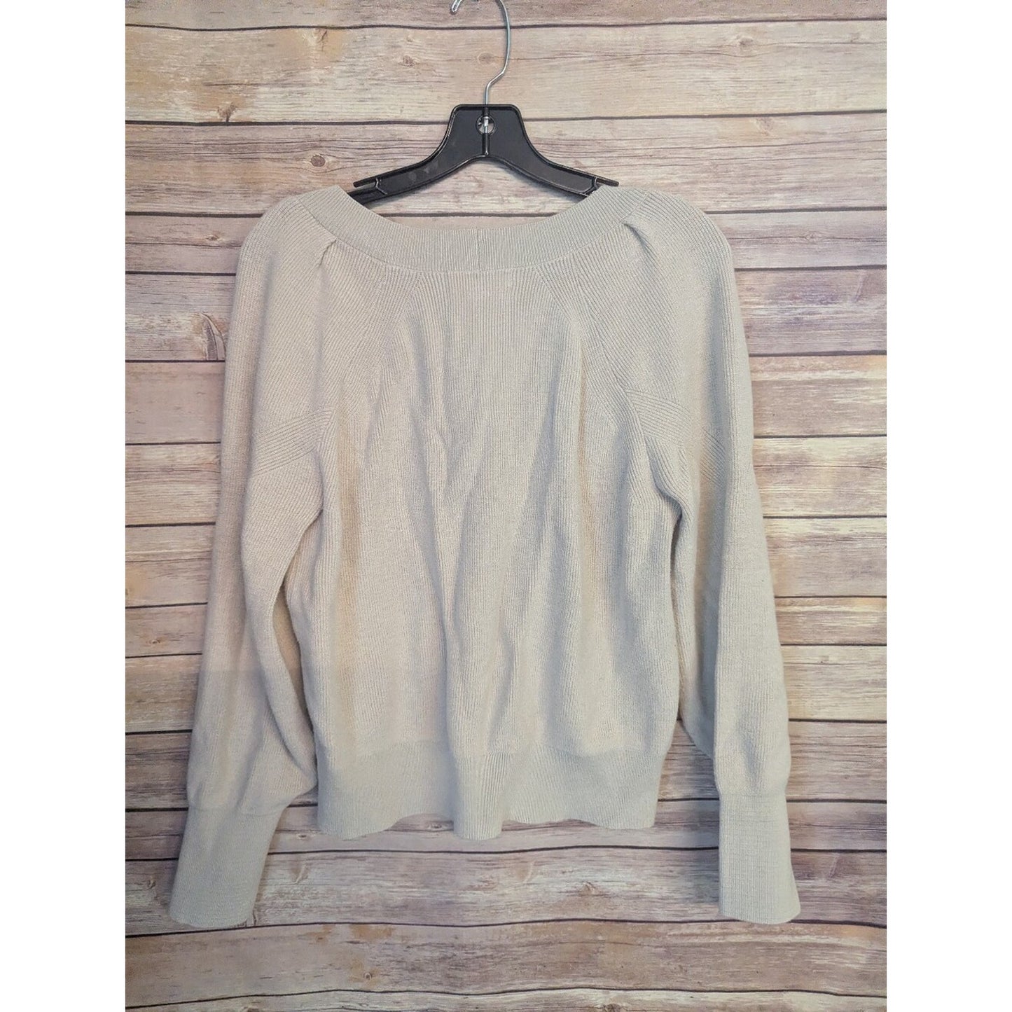 PINQUE Design Studio Sweater Women’s L Beige V Neck Puff Sleeve Knit Pullover