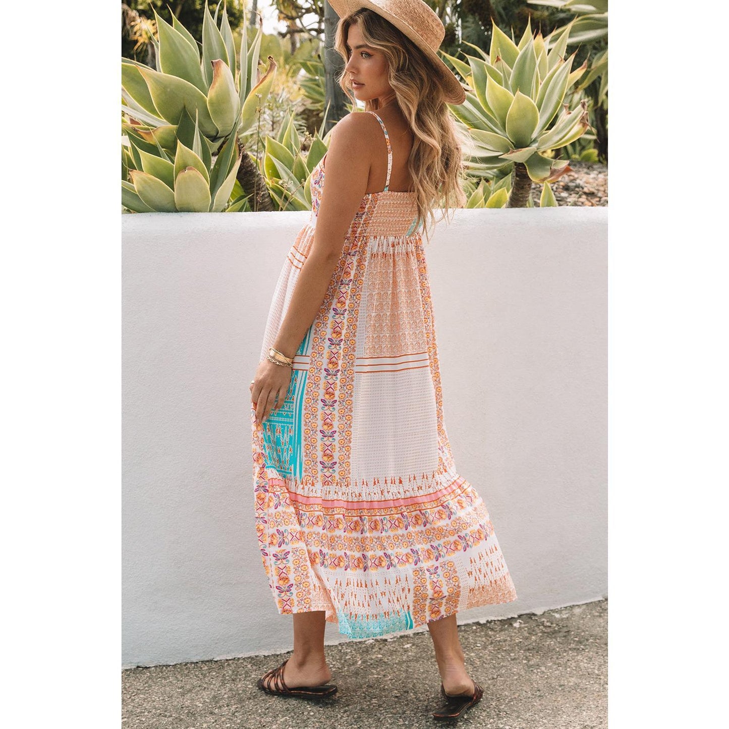 Multicolor Boho Patchwork Print Square Neck Sundress Bohemian Casual Maxi Spaghetti