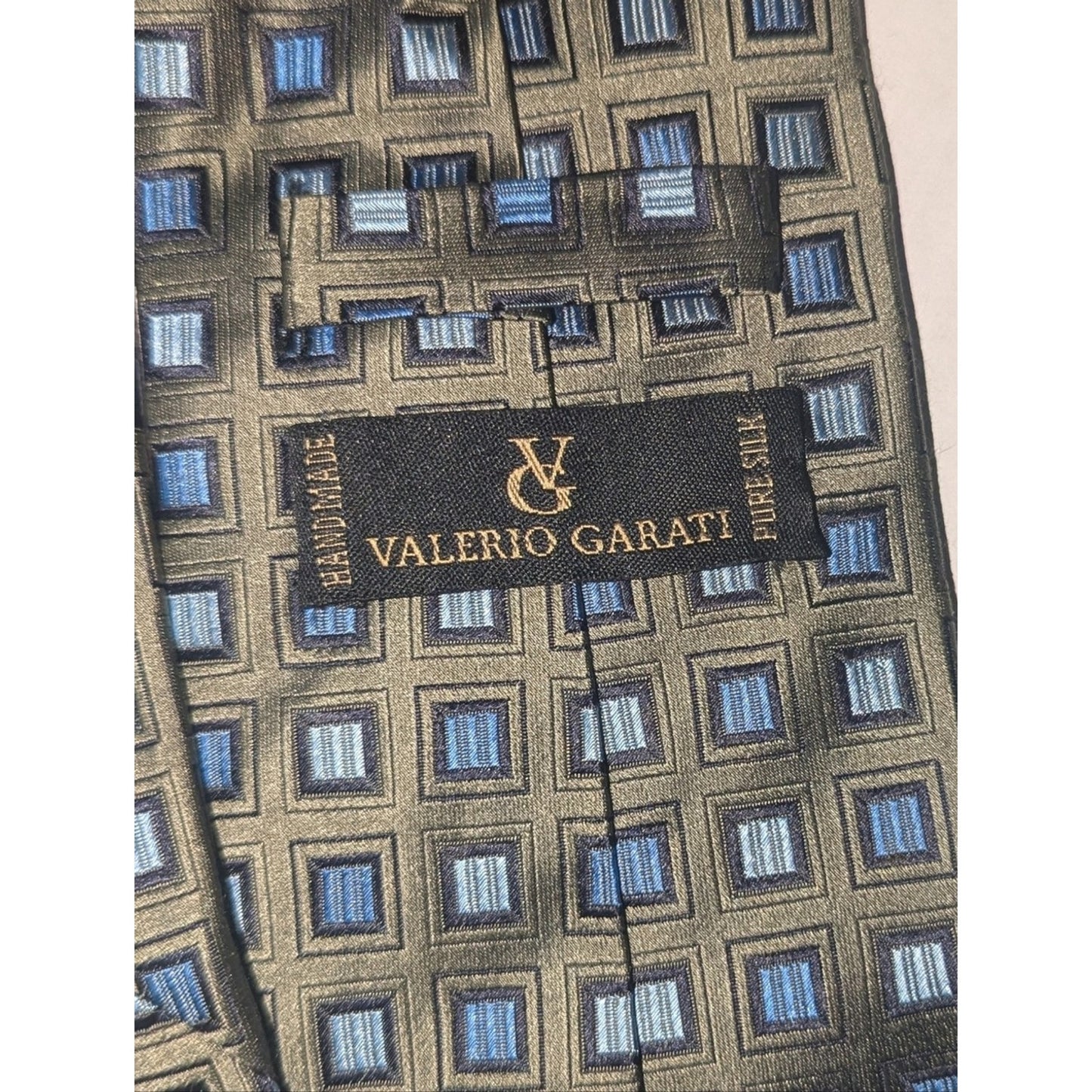 Valerio Garati Handmade Italian Silk Tie Blue Gray Geometric Square Pattern Neck