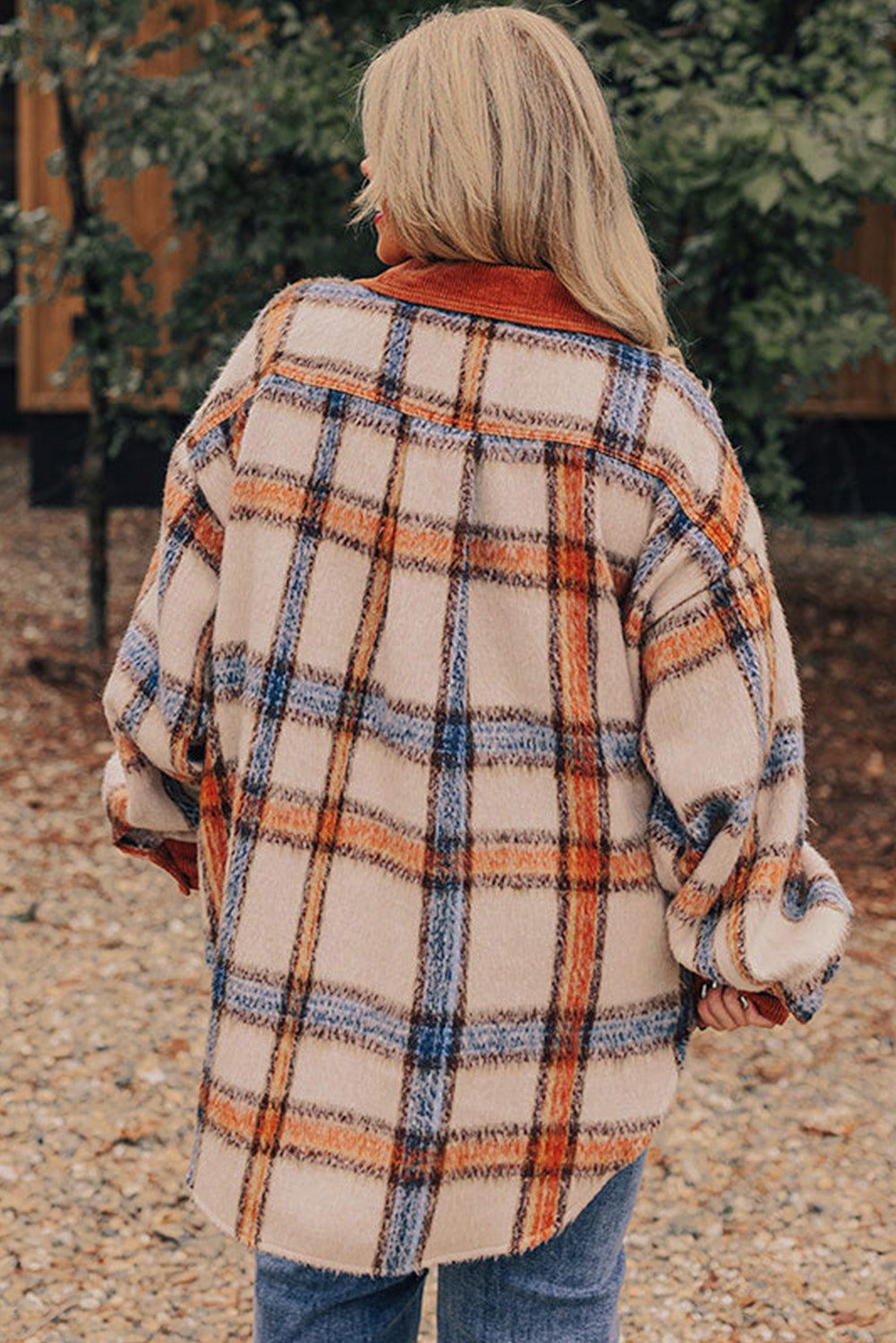 Brown Stripe Plus Size Plaid Print Collared Buttoned Jacket - Scarlett's Riverside Boutique