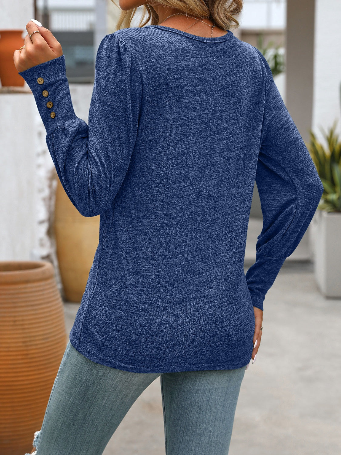 Decorative Button Round Neck Long Sleeve T-Shirt - Scarlett's Riverside Boutique