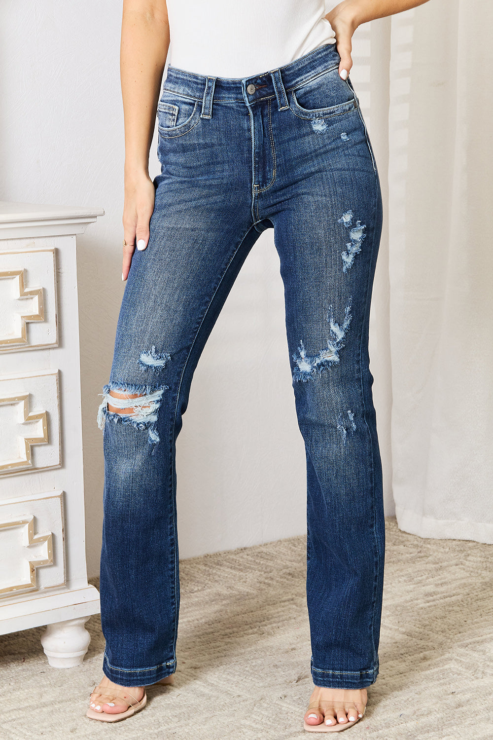 Judy Blue Full Size Mid Rise Hand Sand & Destroy Bootcut Jeans - Scarlett's Riverside Boutique