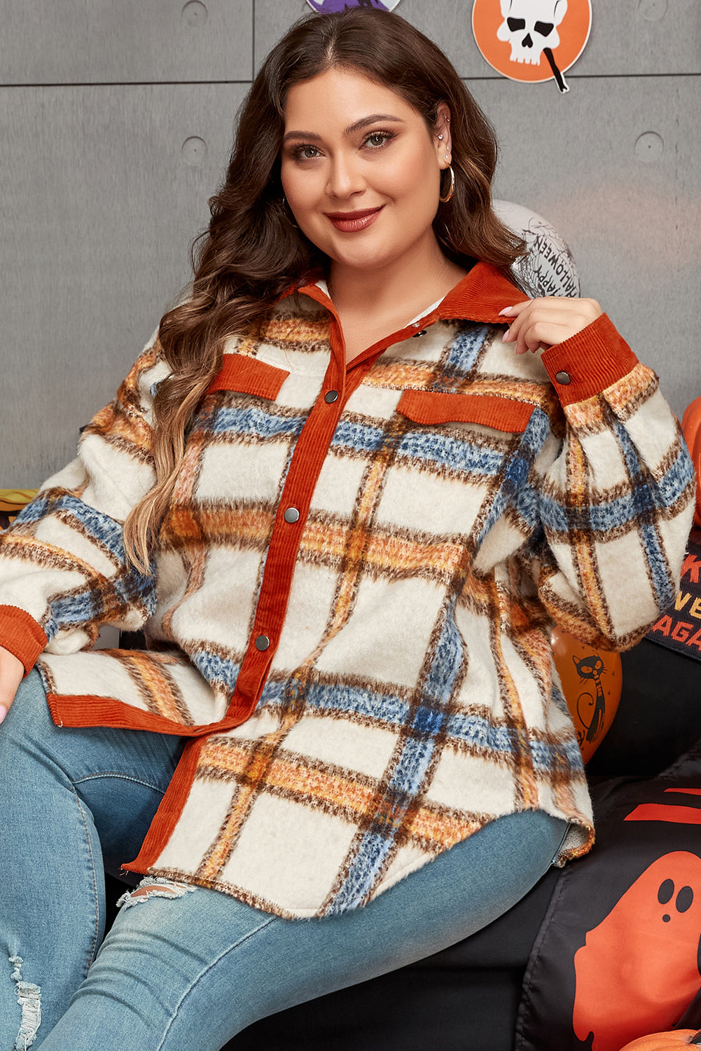 Brown Stripe Plus Size Plaid Print Collared Buttoned Jacket - Scarlett's Riverside Boutique