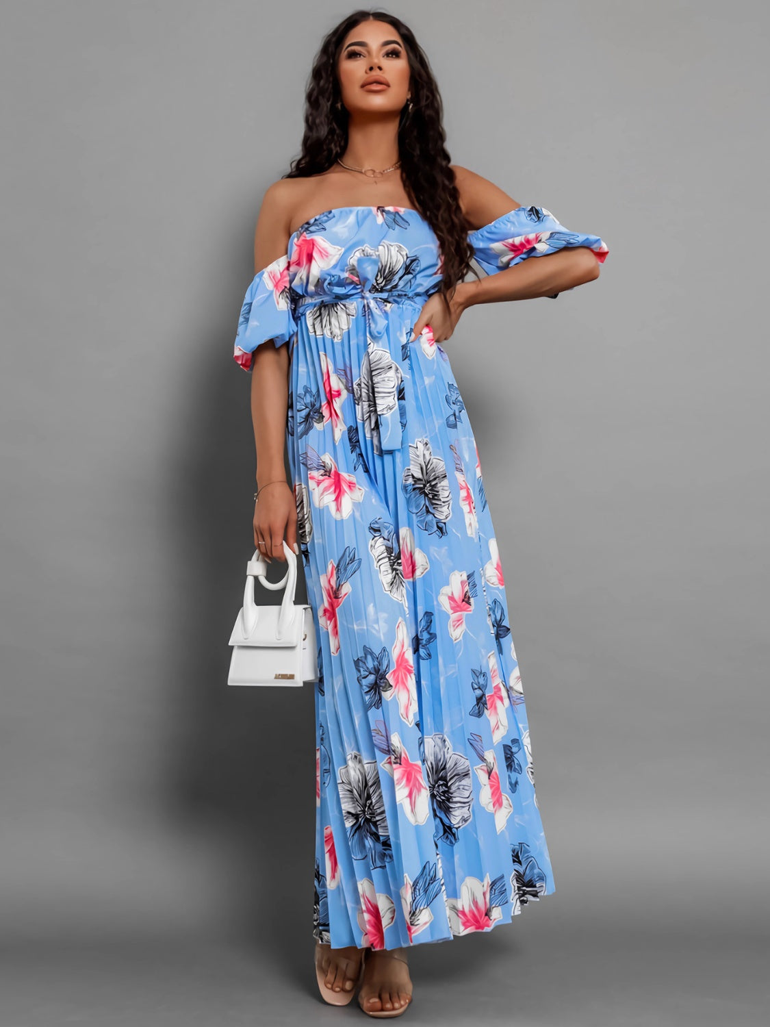Pleated Floral Off-Shoulder Short Sleeve Midi Dress - Scarlett's Riverside Boutique